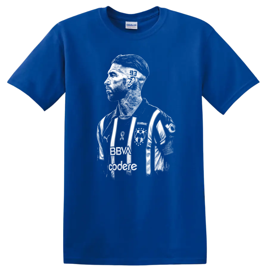 Retro style Sergio Ramos soccer portrait graphic on T - Royal (Blue)