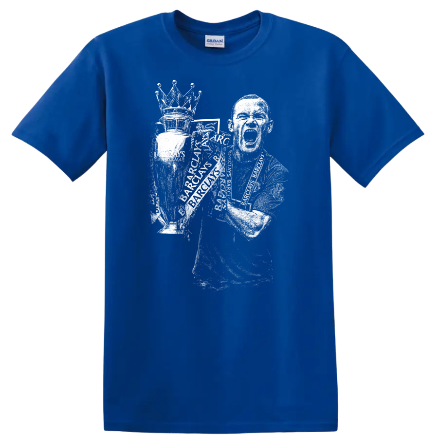 Retro soccer player portrait style graphic inspired by Wayne Rooney on a T - Royal (Blue)