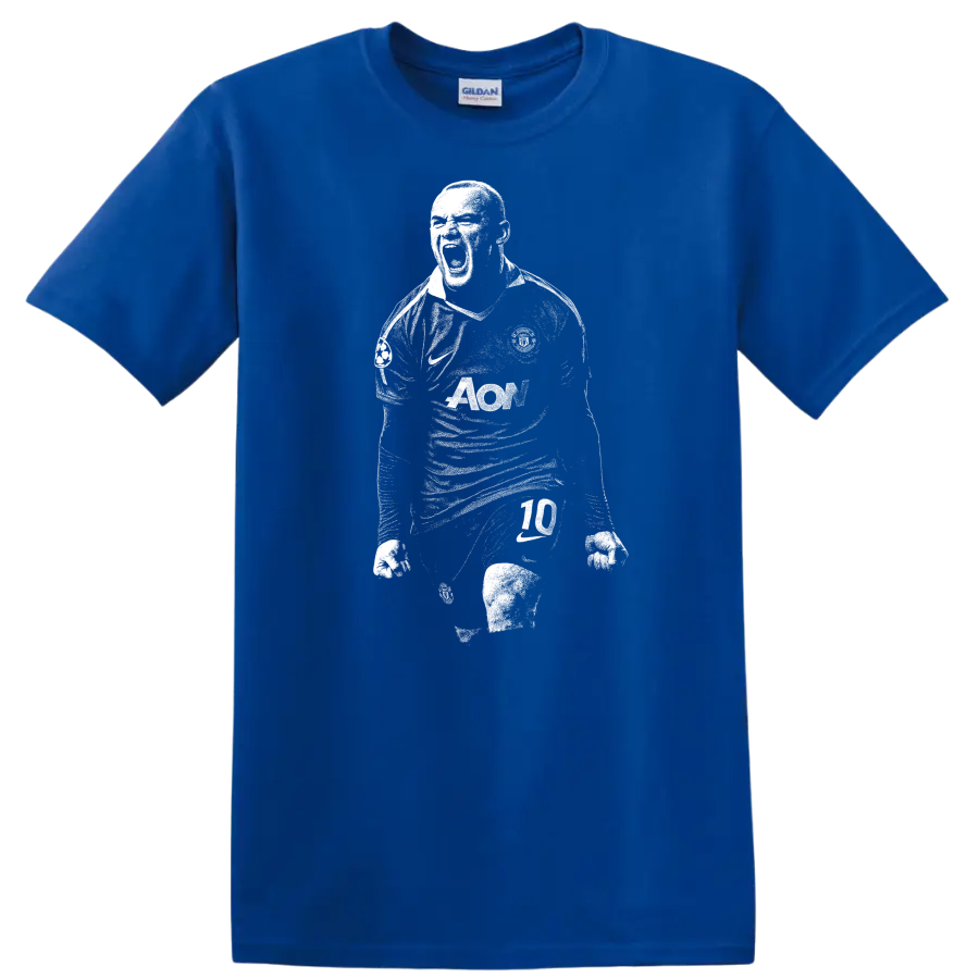 Retro black and white soccer player portrait style Wayne Rooney T - Royal (Blue)