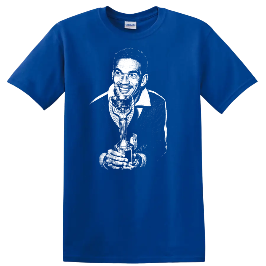 Black and white retro soccer portrait graphic T shirt of Manuel Francisco dos - Royal (Blue)