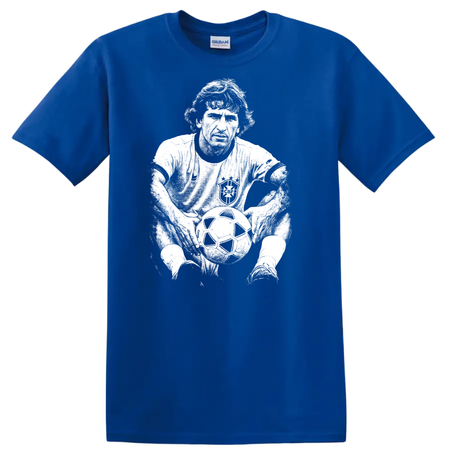Retro soccer legend portrait style graphic inspired by Arthur Antunes Coimbra on a T - Royal (Blue)