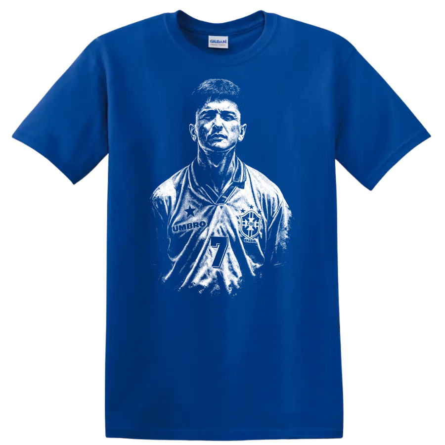 Retro soccer portrait of Romário de Souza Faria, legend style T shirt - Royal (Blue)