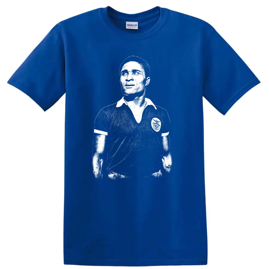Retro black-and-white soccer legend portrait of Eusébio da Silva Ferreira T - Royal (Blue)