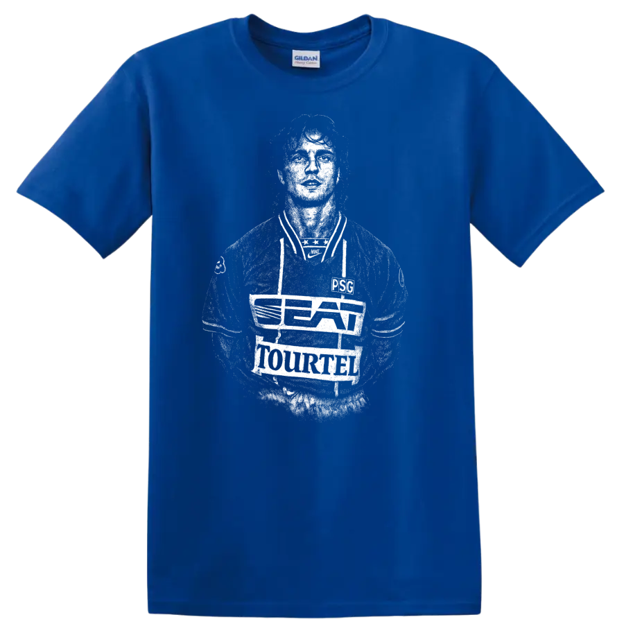 Retro soccer portrait style graphic inspired by David Ginola T - Royal (Blue)
