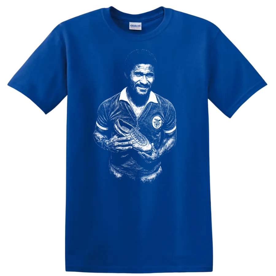 Retro black and white portrait of Eusébio da Silva Ferreira on T - Royal (Blue)