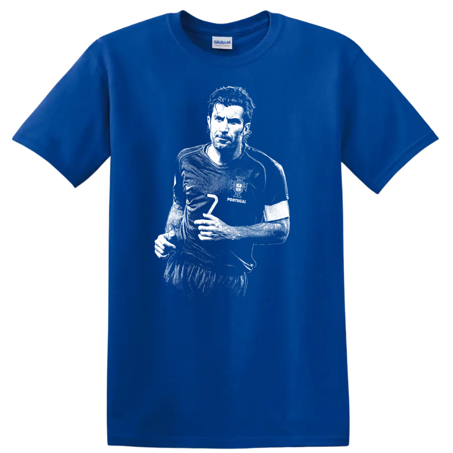 High-contrast retro soccer portrait of Luís Figo style graphic T-shirt - Royal (Blue)