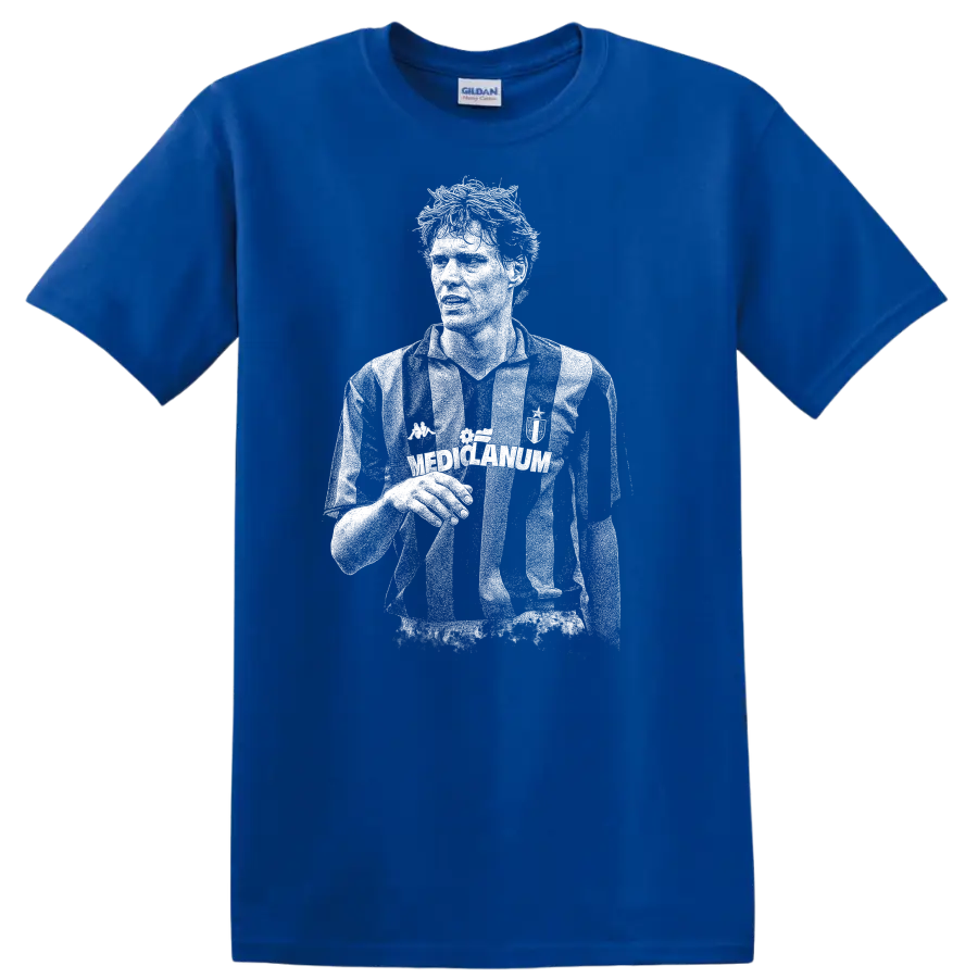 Black and white retro soccer portrait of Marco van Basten T shirt - Royal (Blue)