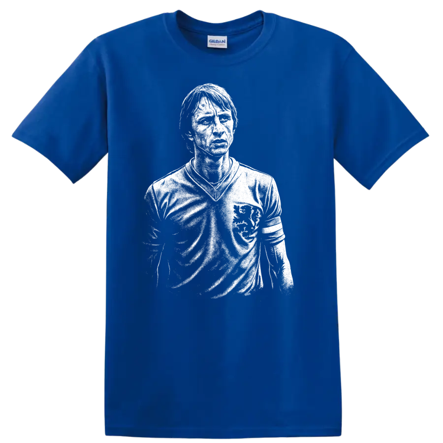 Black and white retro soccer portrait graphic T shirt inspired by Johan - Royal (Blue)