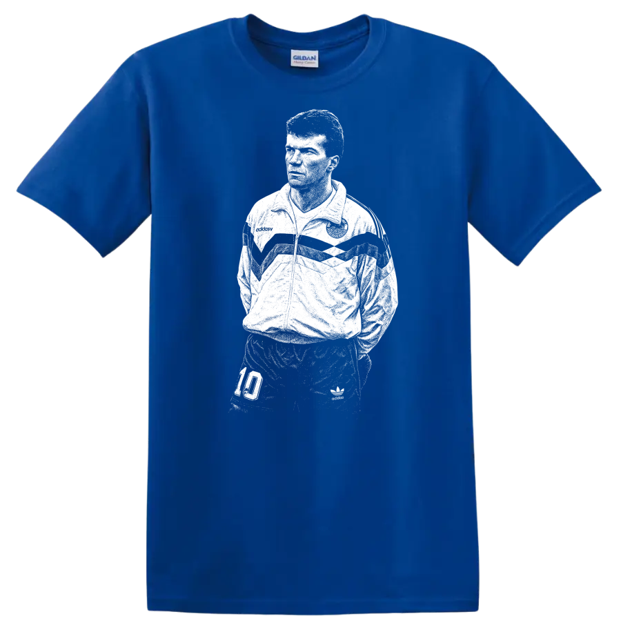 Retro soccer legend portrait graphic T Shirt inspired by Matthias - Royal (Blue)