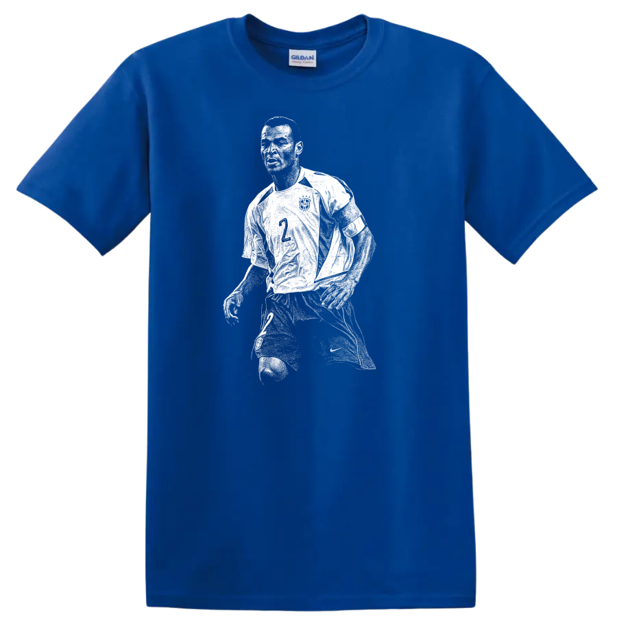 Retro pixel-style Ronaldo Nazário soccer portrait on black T - Royal (Blue)