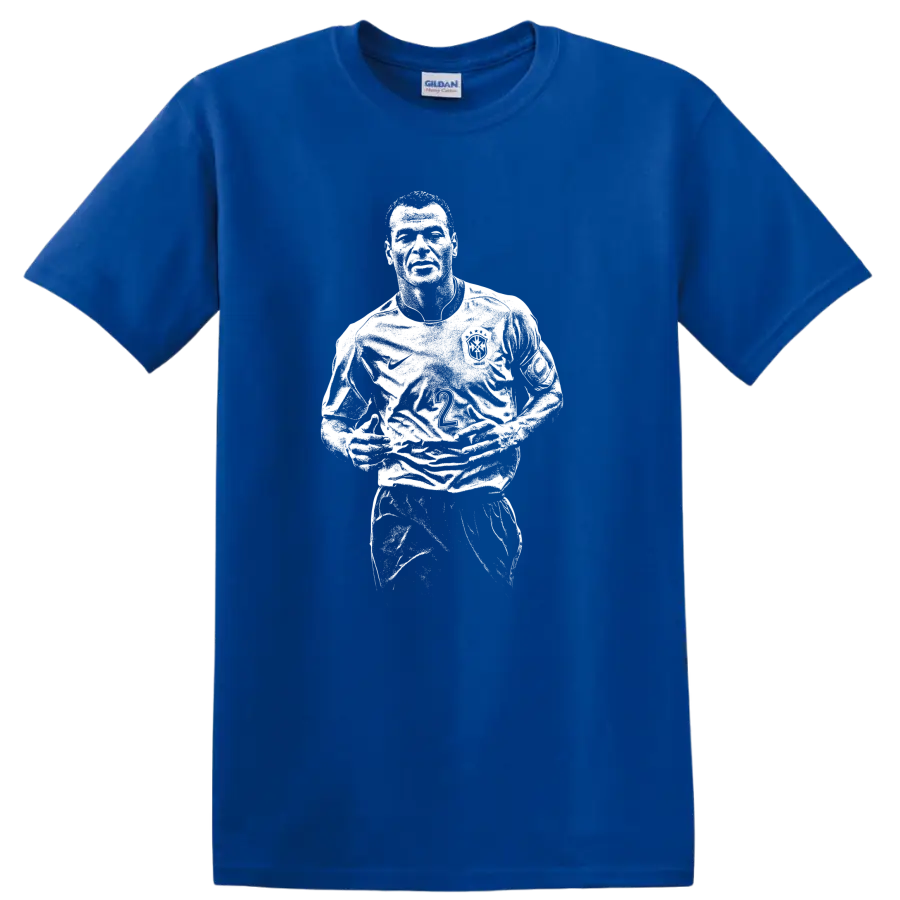Retro soccer legend portrait style design inspired by Marcos Evangelista de Morais on T - Royal (Blue)
