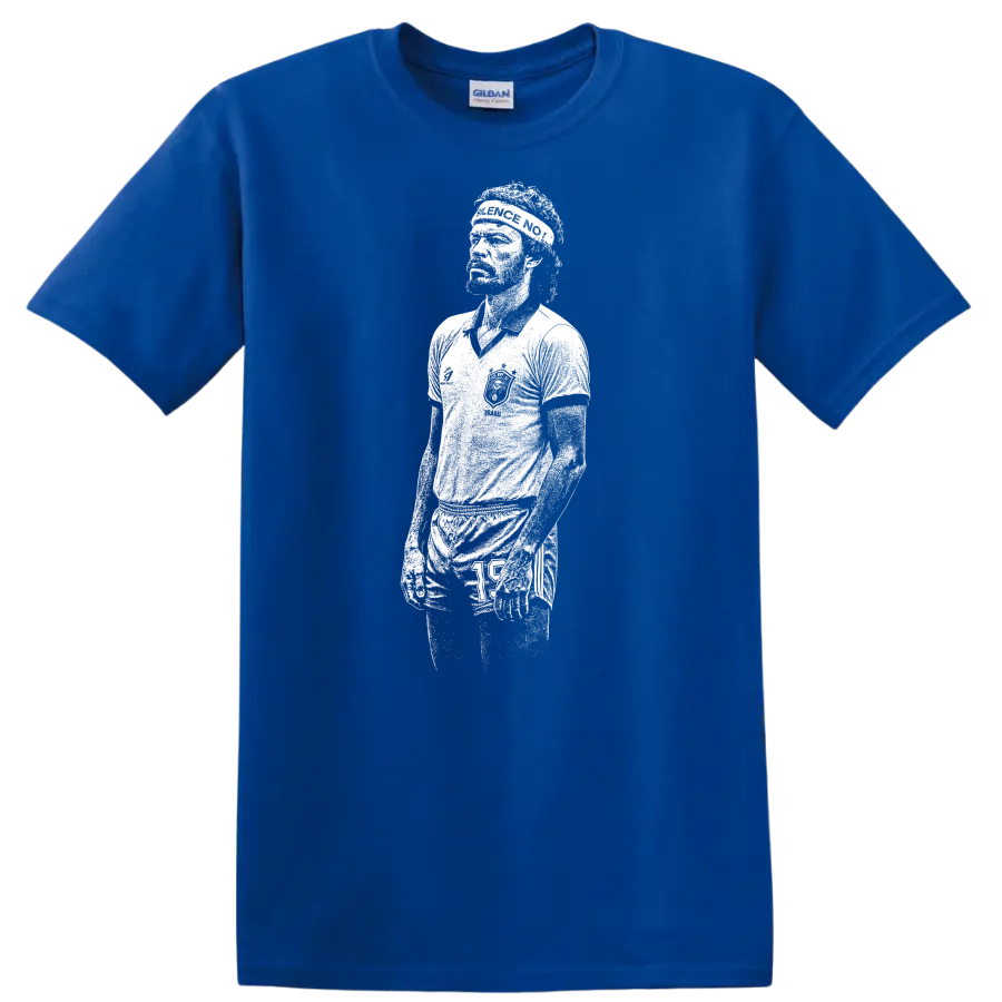 Retro soccer legend portrait graphic of Sócrates Brasileiro on - Royal (Blue)