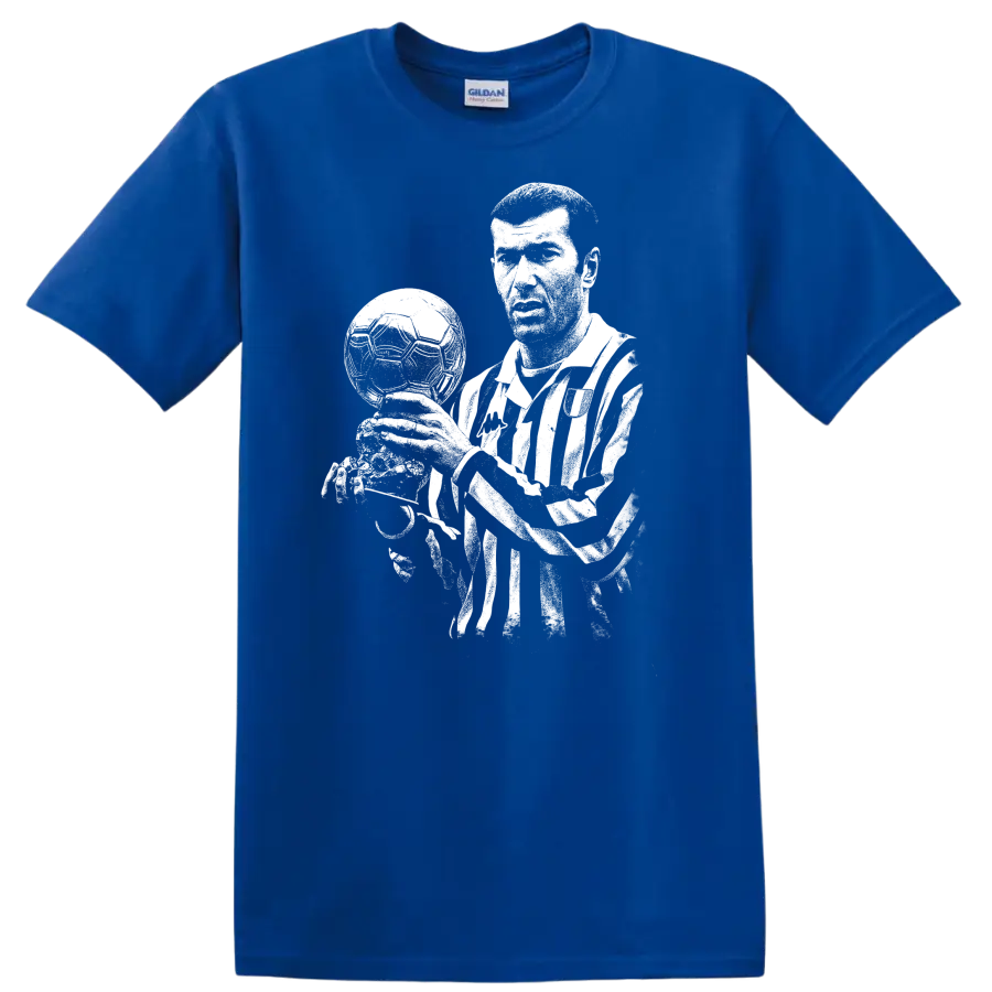 Black and white retro soccer portrait of Zinedine Zidane style T - Royal (Blue)