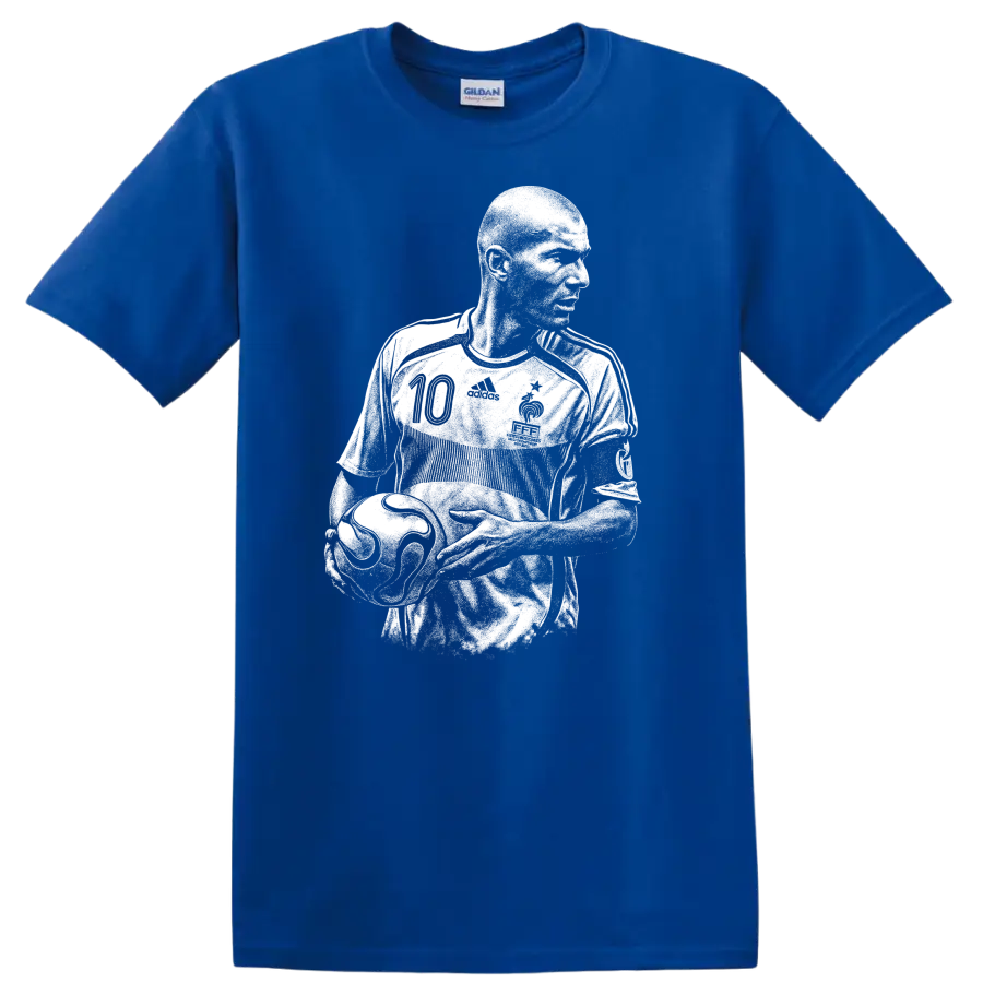 Retro soccer portrait of Zinedine Zidane in bold black and white style T - Royal (Blue)