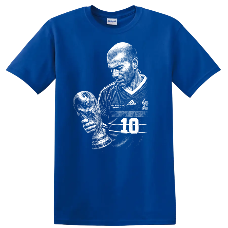 Retro black and white Zinedine Zidane soccer portrait T shirt - Royal (Blue)