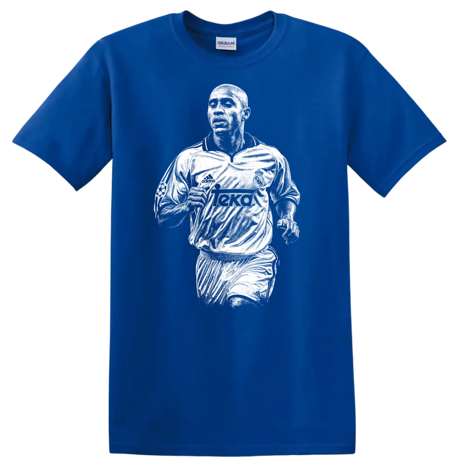 Retro soccer portrait of Roberto Carlos da Silva Rocha legend style T - Royal (Blue)