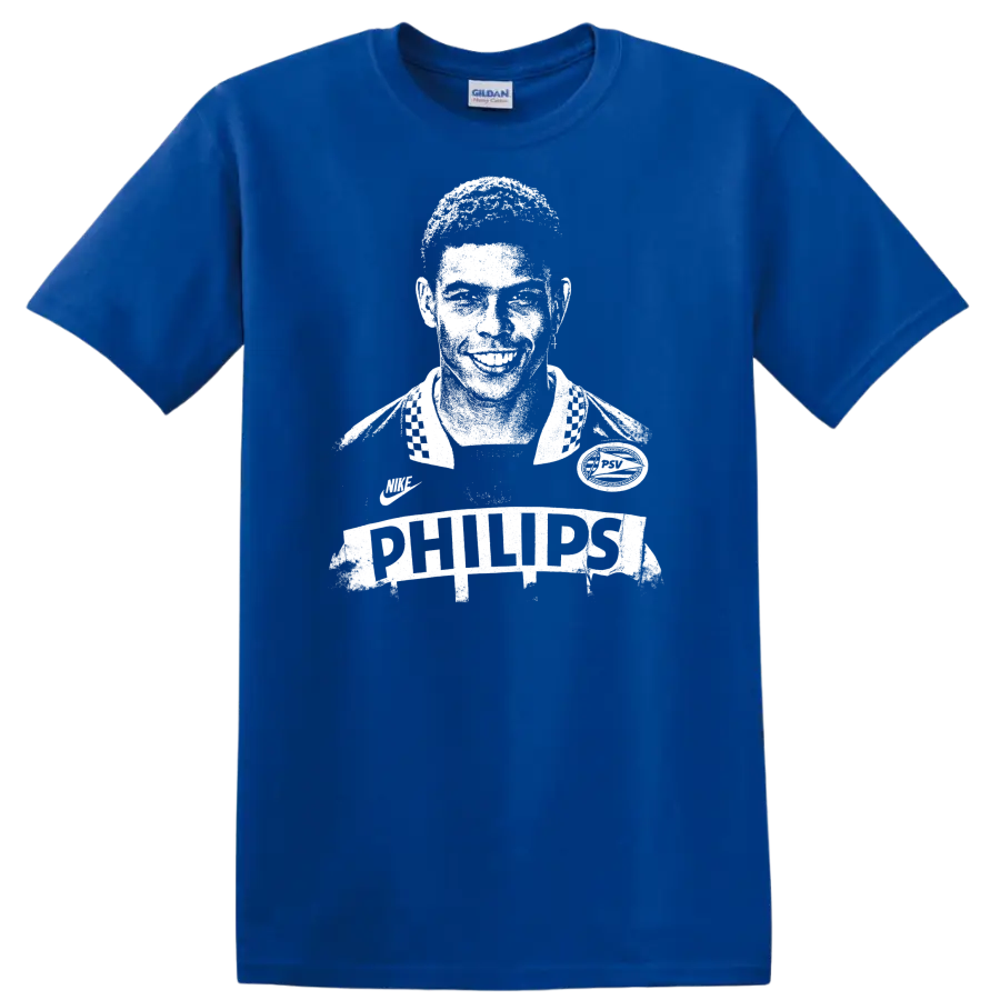 Retro soccer legend portrait design inspired by Ronaldo Nazário with bold vintage style T - Royal (Blue)