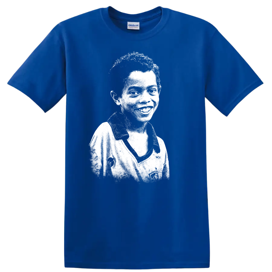 Retro pixel-style soccer legend portrait inspired by Ronaldo de Assis Moreira T - Royal (Blue)