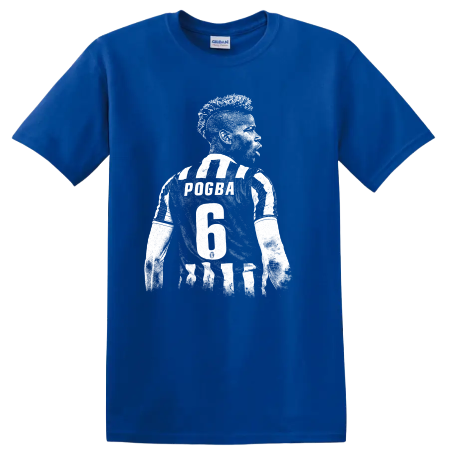 Black and white retro soccer portrait graphic inspired by Paul Pogba T - Royal (Blue)