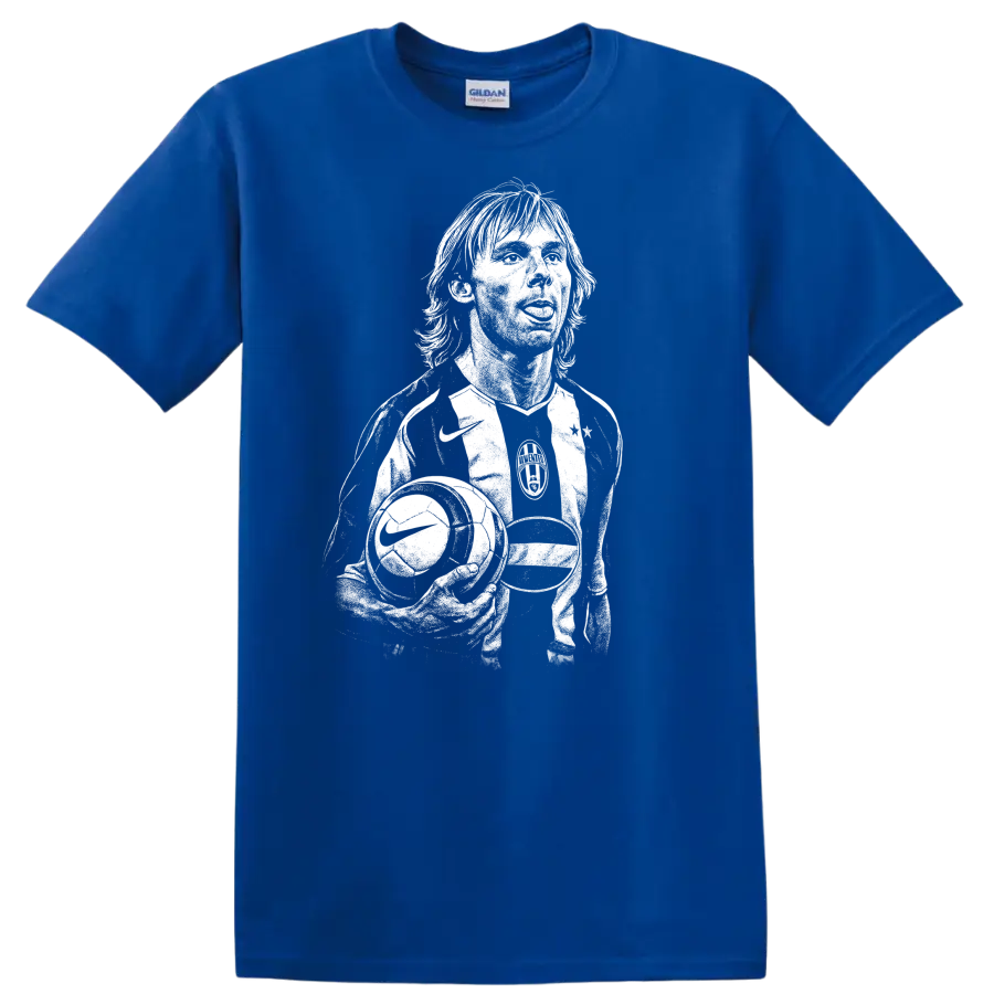 Black and white retro soccer portrait graphic T shirt featuring Pavel - Royal (Blue)