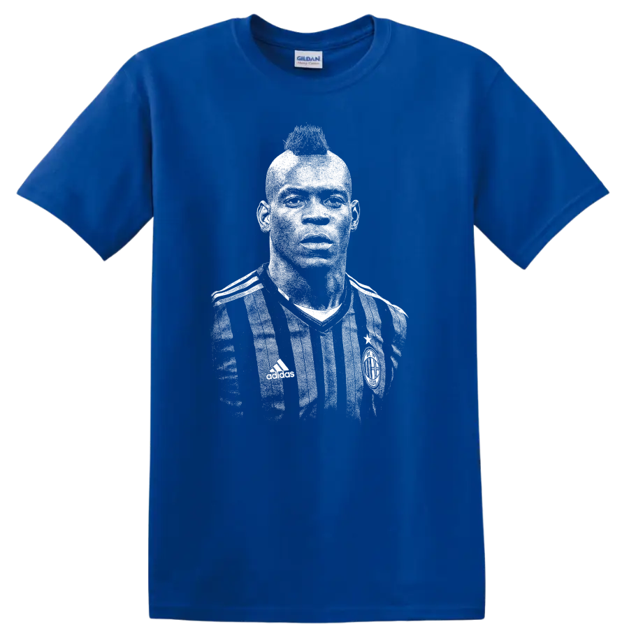 Retro soccer player portrait graphic inspired by Mario Balotelli on a T - Royal (Blue)