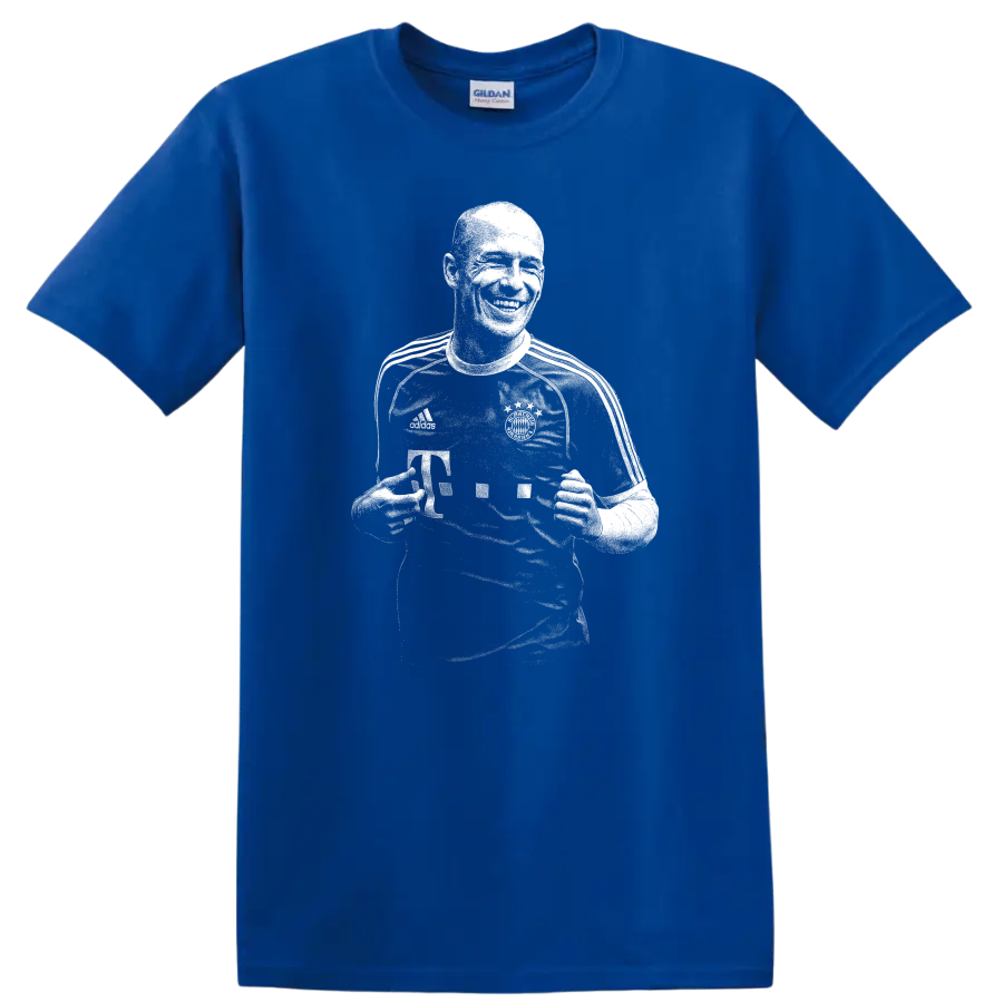 Black and white retro soccer portrait of Arjen Robben on a T - Royal (Blue)
