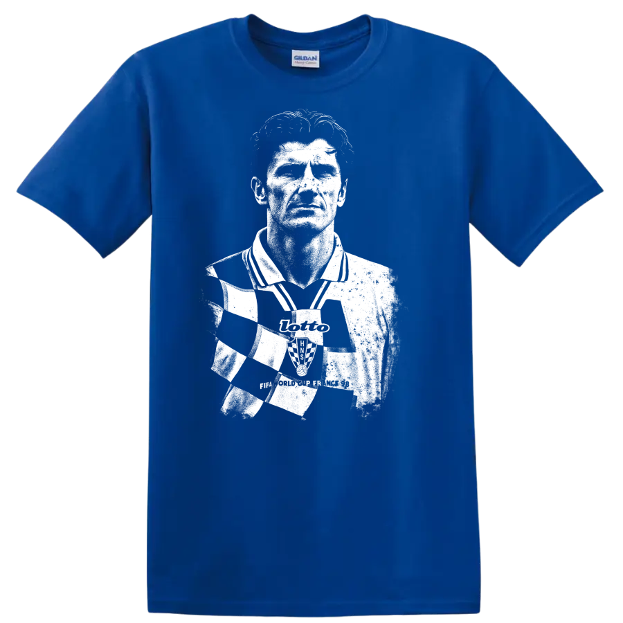 High-contrast retro soccer portrait of Davor Šuker graphic T - Royal (Blue)