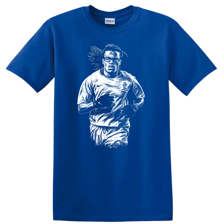 High-contrast retro soccer portrait of Edgar Davids inspired legend style T - Royal (Blue)
