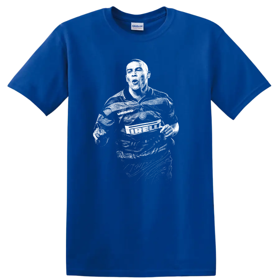 Retro soccer legend portrait of Ronaldo Nazário style graphic T - Royal (Blue)