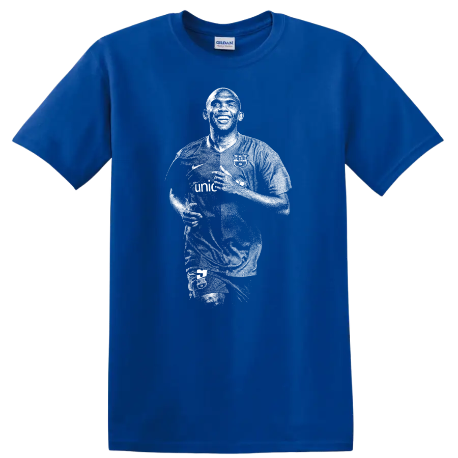 Retro soccer portrait style of Samuel Eto'o on a black T - Royal (Blue)