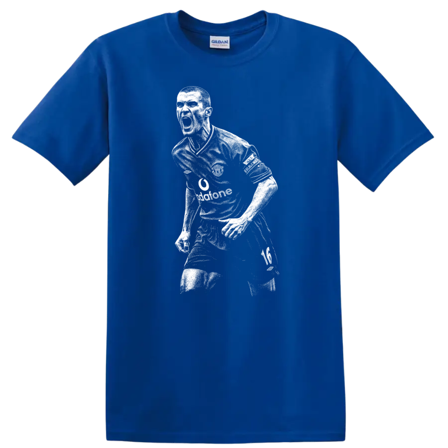 High-contrast retro soccer portrait of Roy Keane style T-shirt - Royal (Blue)