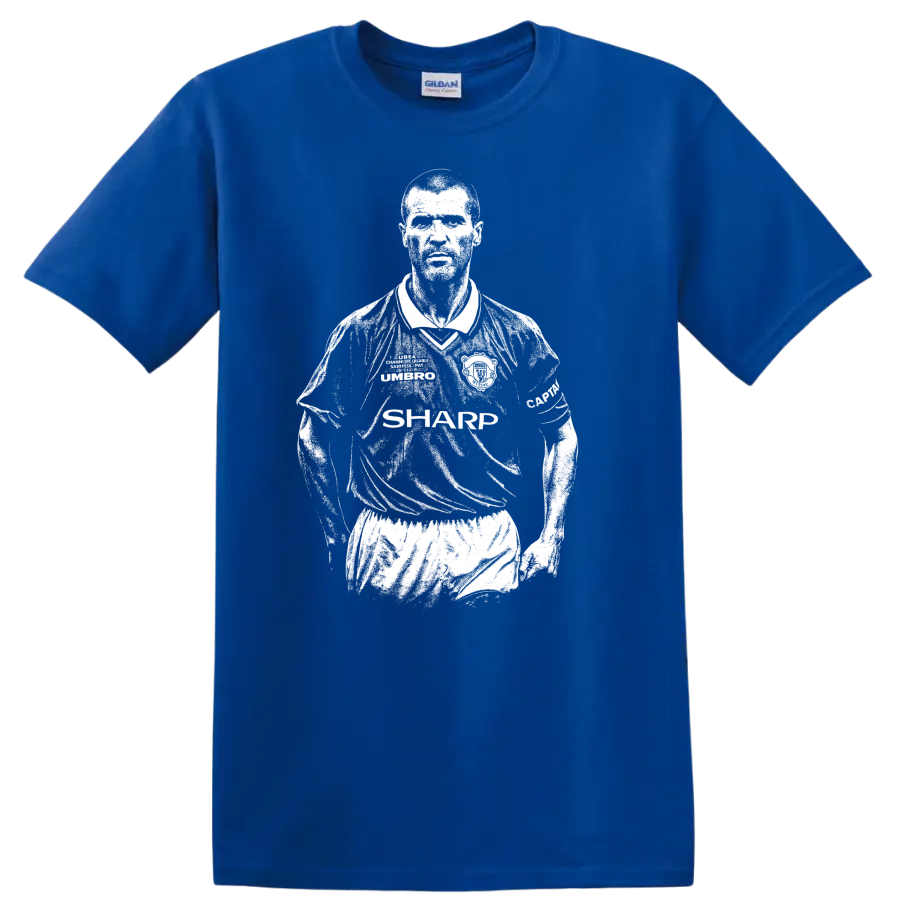 Black and white retro soccer portrait of Roy Keane style T - Royal (Blue)