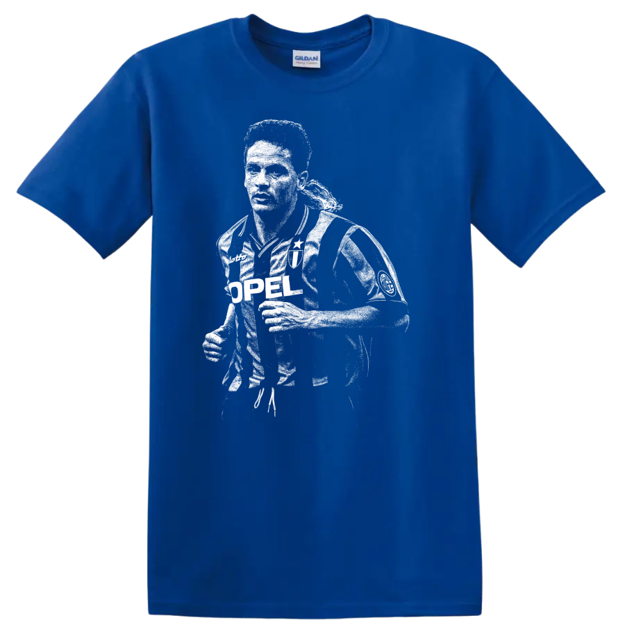 Black and white retro soccer portrait of Roberto Baggio on a T - Royal (Blue)