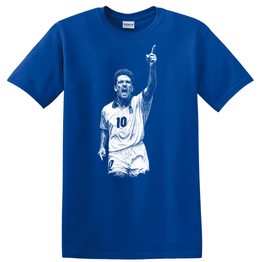 Retro soccer legend portrait of Roberto Baggio in bold black and white T Shirt - Royal (Blue)