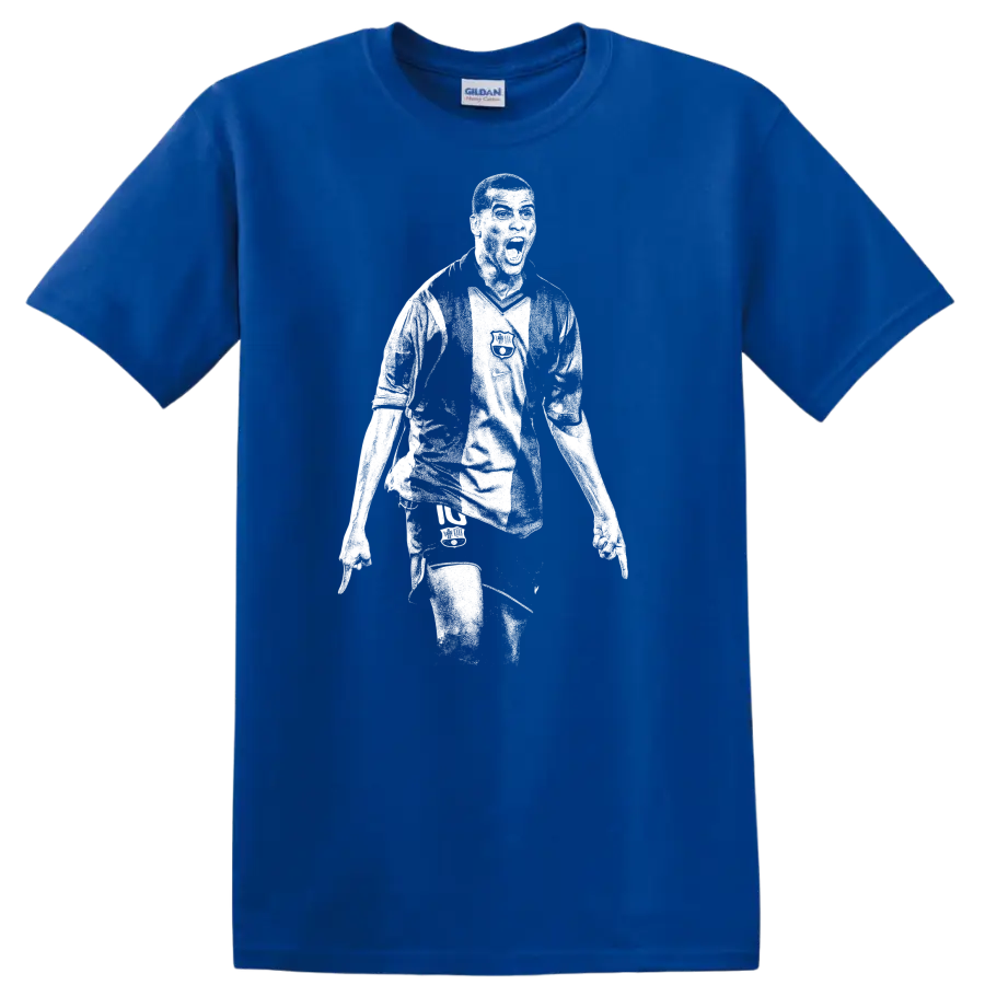 Black and white retro soccer portrait of Rivaldo style T - Royal (Blue)