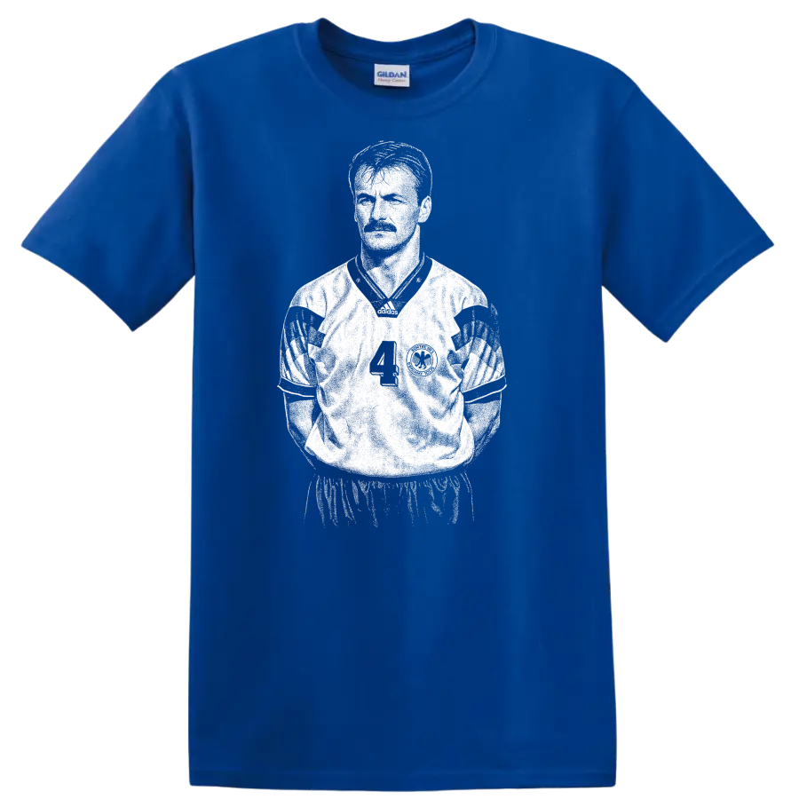Retro soccer legend portrait style graphic featuring Jürgen Kohler on a T - Royal (Blue)