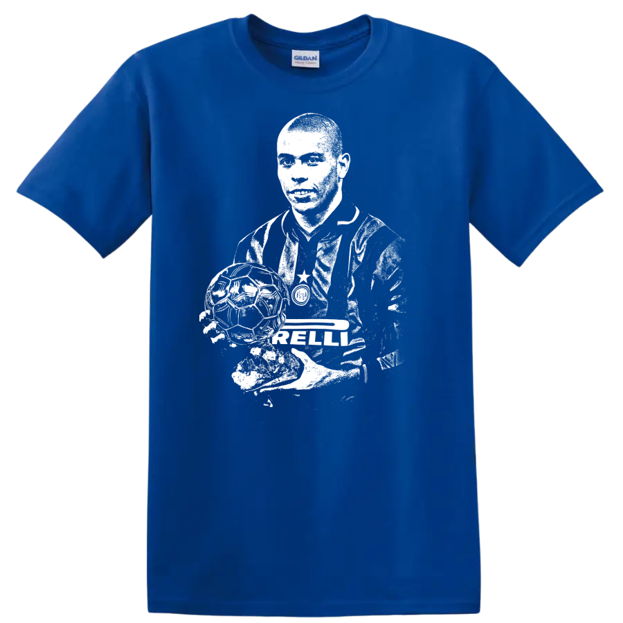 Retro soccer portrait graphic inspired by Ronaldo Nazário on a T - Royal (Blue)
