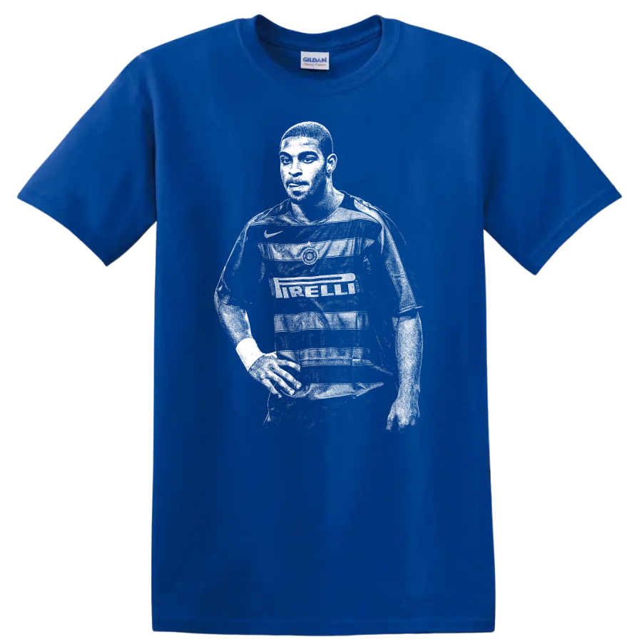 Retro soccer player portrait of Adriano Leite Ribeiro in black and white T shirt - Royal (Blue)