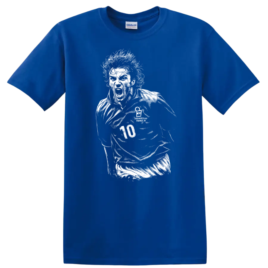 Black and white retro soccer portrait of Alessandro Del Piero style T-shirt - Royal (Blue)