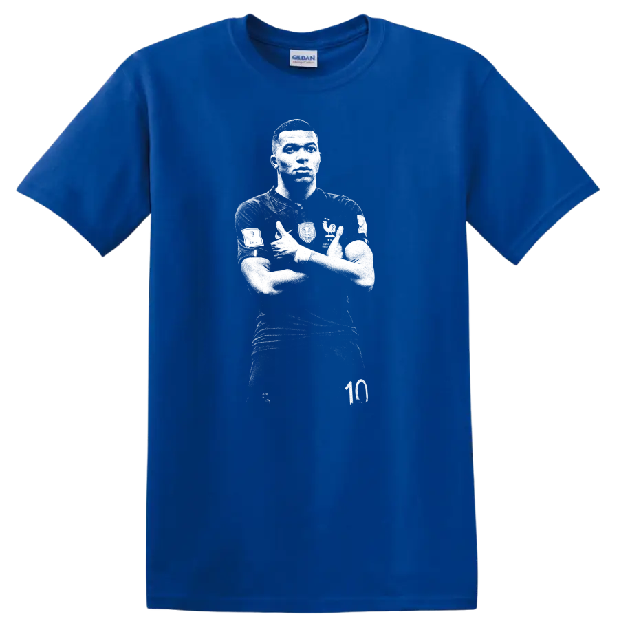 Retro soccer portrait style design inspired by Kylian Mbappé on a T - Royal (Blue)