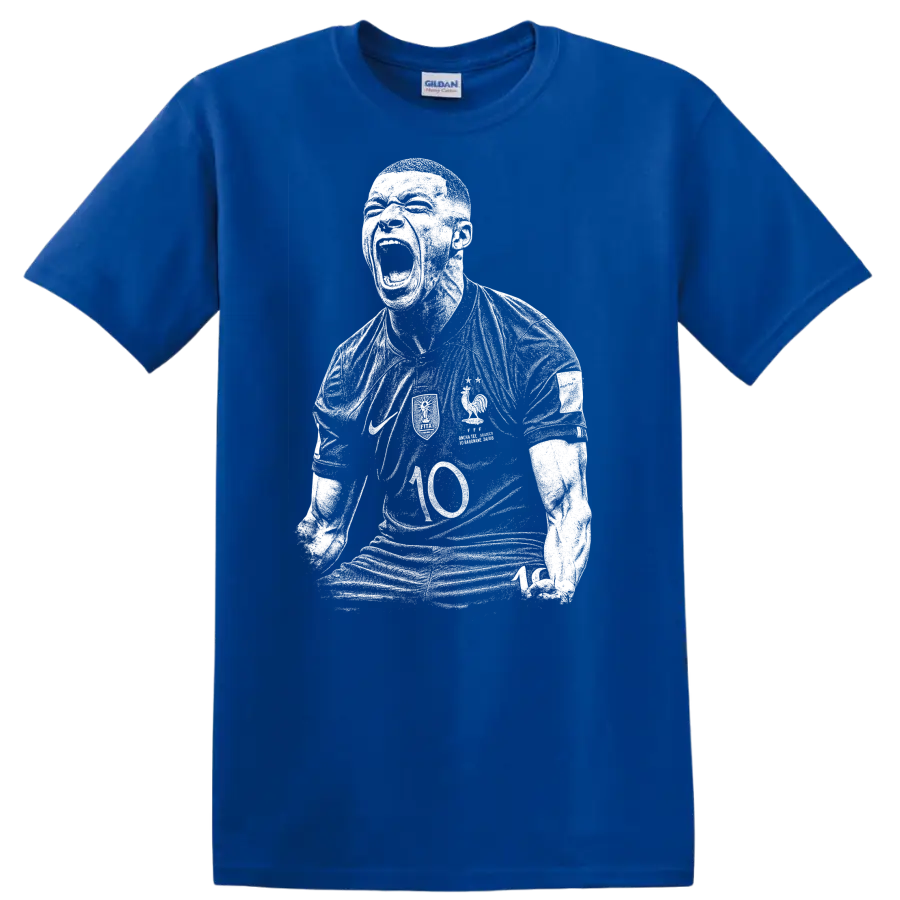 Black and white retro soccer portrait style Kylian Mbappe T Shirt - Royal (Blue)