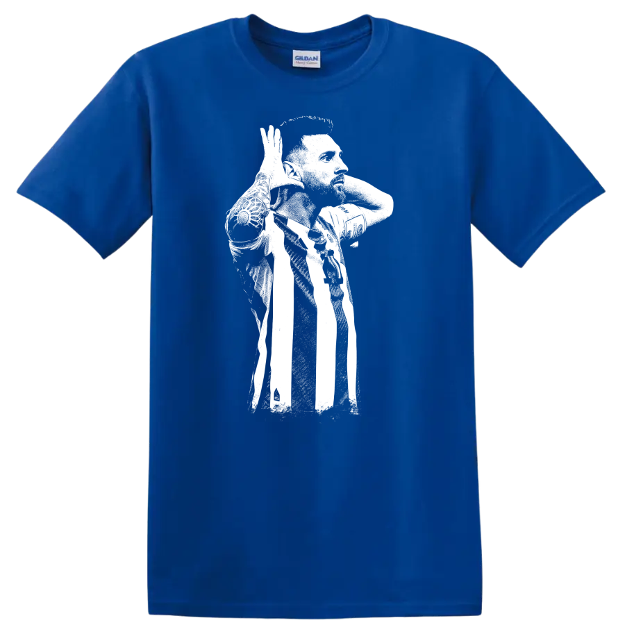 High-contrast retro soccer portrait of Lionel Messi style graphic - Royal (Blue)