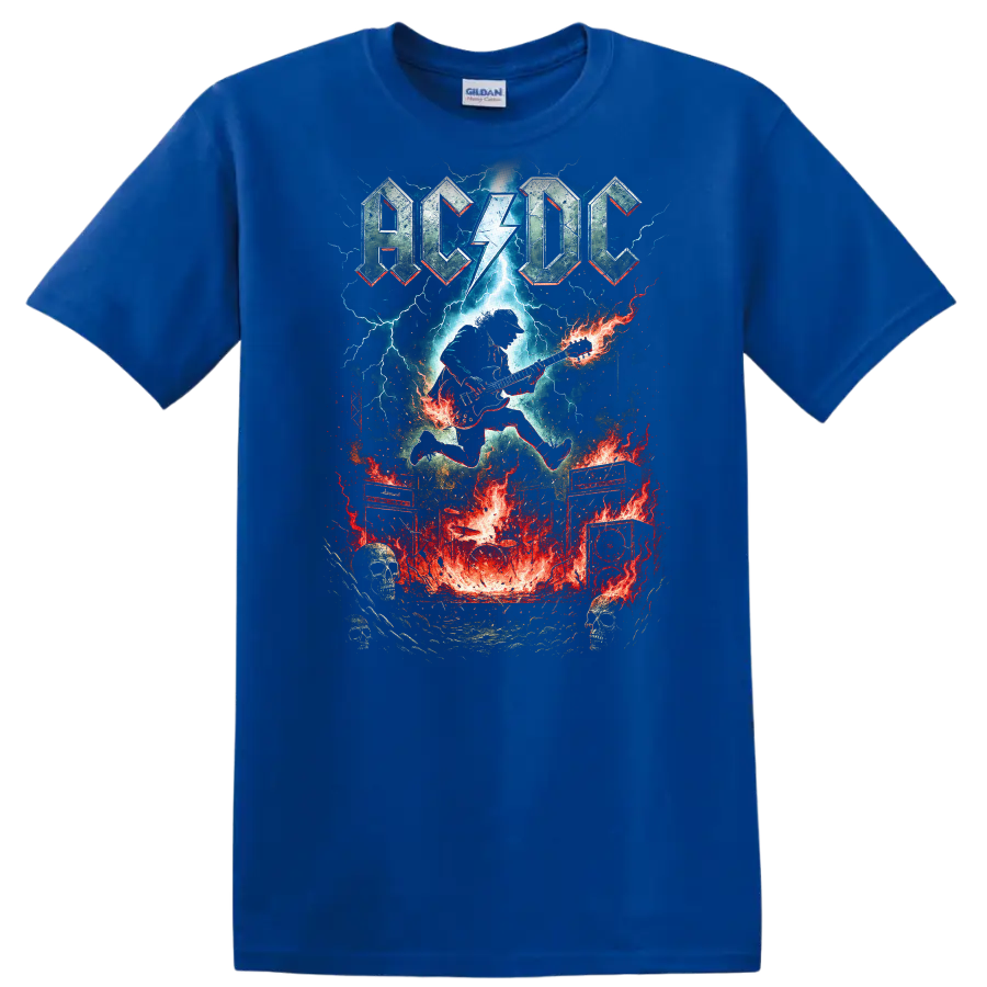 AC DC Retro Rock Lightning Guitar Heavy Metal T Shirt - Royal (Blue)