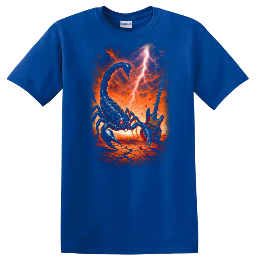 Heavy Metal Scorpion Guitar Retro Rock Band Album Art T Shirt - Royal (Blue)