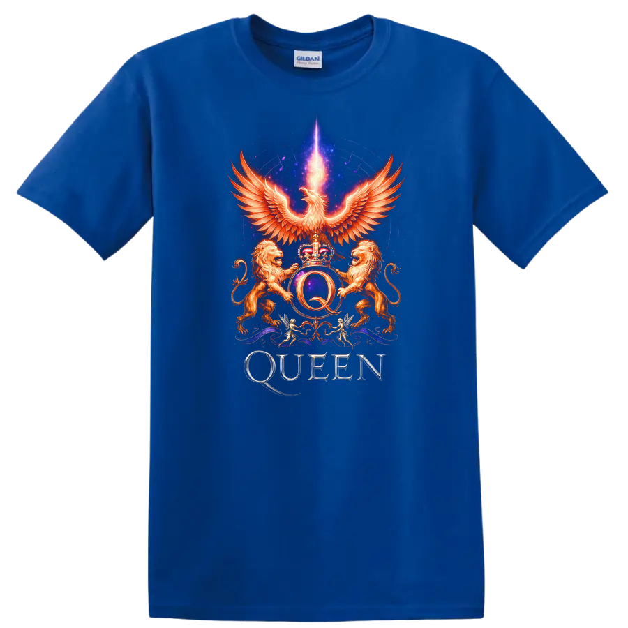 Retro Rock Queen Phoenix Crest Heavy Metal Band Style T Shirt - Royal (Blue)