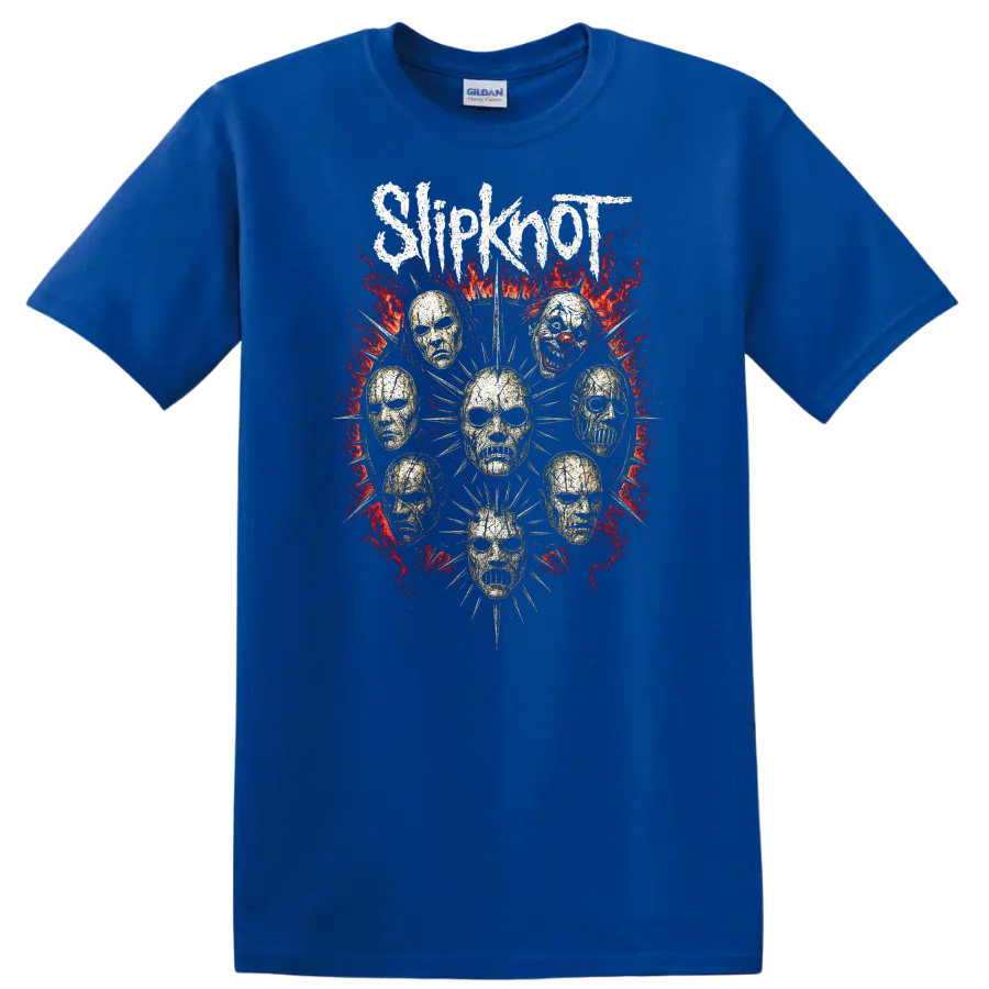 Retro Metal Skull Masks Heavy Rock Album Art T Shirt - Royal (Blue)