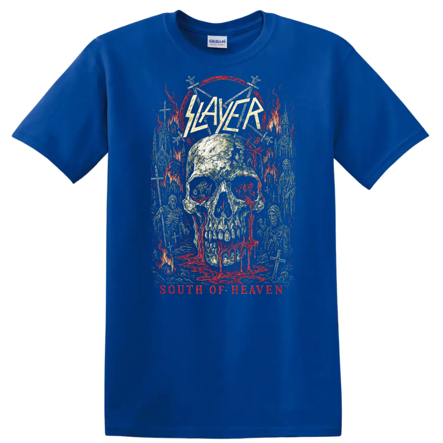 Slayer South of Heaven Retro Heavy Metal Skull T Shirt - Royal (Blue)