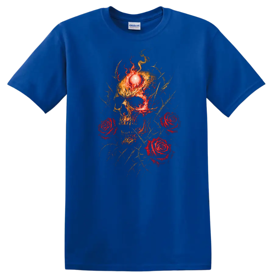 Retro Heavy Metal Skull Roses Fire T Shirt Dark Rock Band Cover Style - Royal (Blue)