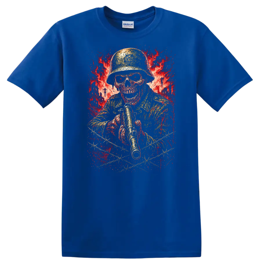 Retro Heavy Metal Skull Soldier Helmet T Shirt Red Explosion Graphic - Royal (Blue)