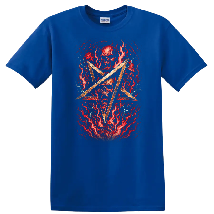 Retro Heavy Metal Skull Pentagram Album Cover Style T Shirt - Royal (Blue)